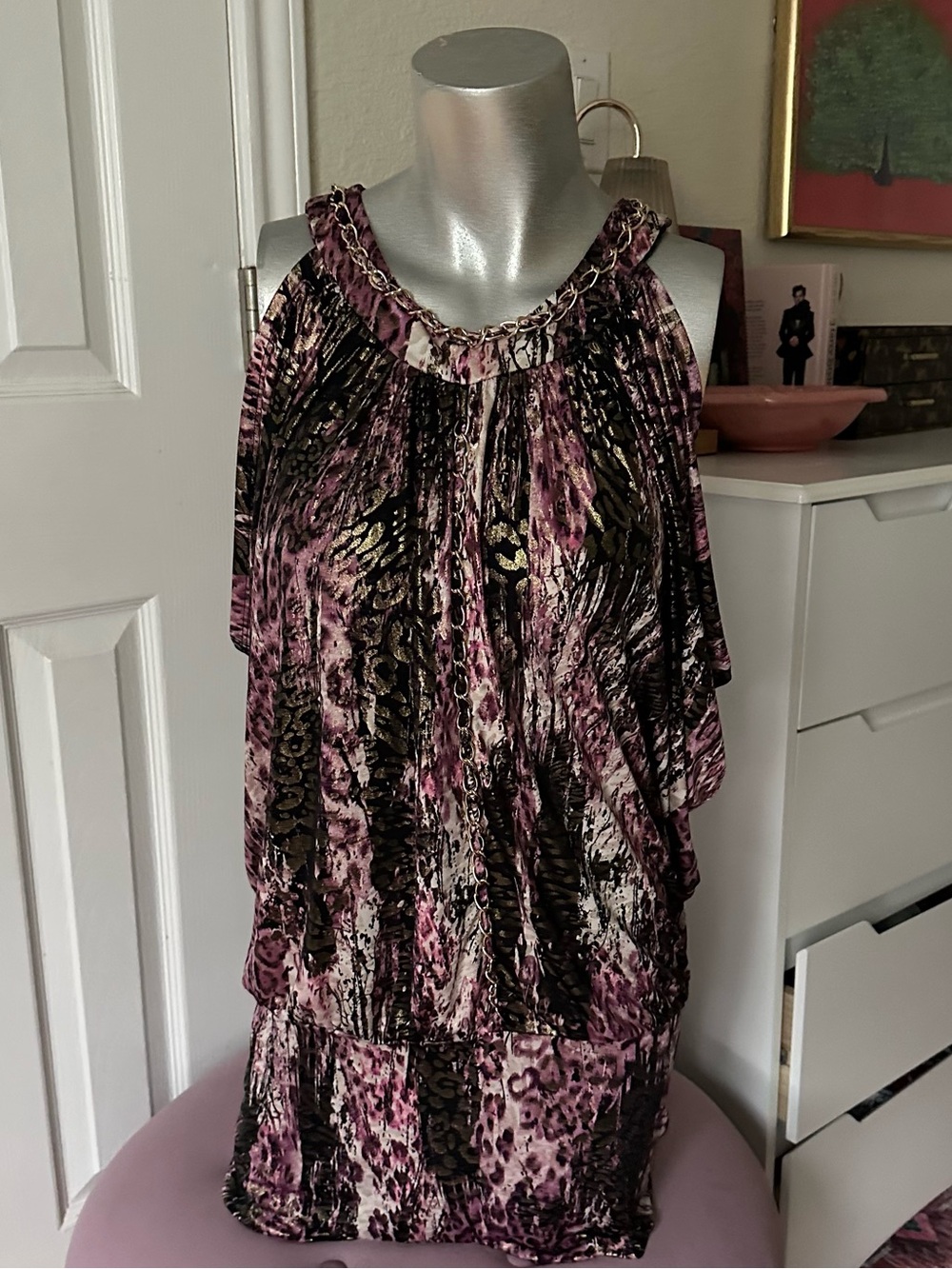 Y2K Vavavoom Purple & Black Metallic Leopard Print Cold Shoulder Bubble Dress